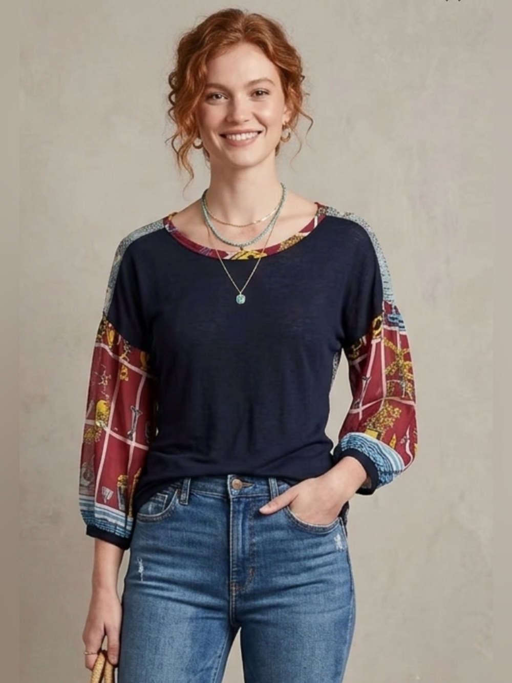 Anthropologie Tiny Mixed Media Boho Top Sheer Statement Balloon Sleeves Small